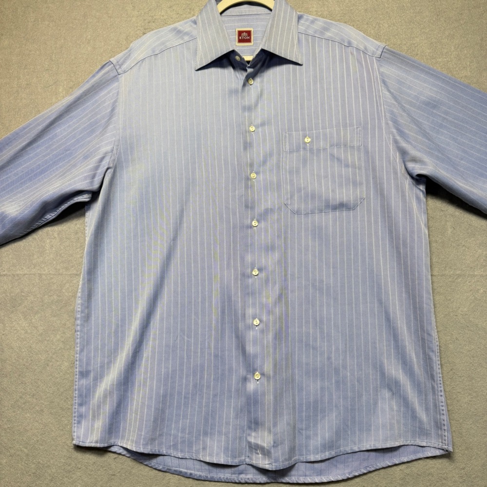 Eton Mens Blue Striped 16 1/2 Herringbone Dress Shirt Spread Collar XL‎